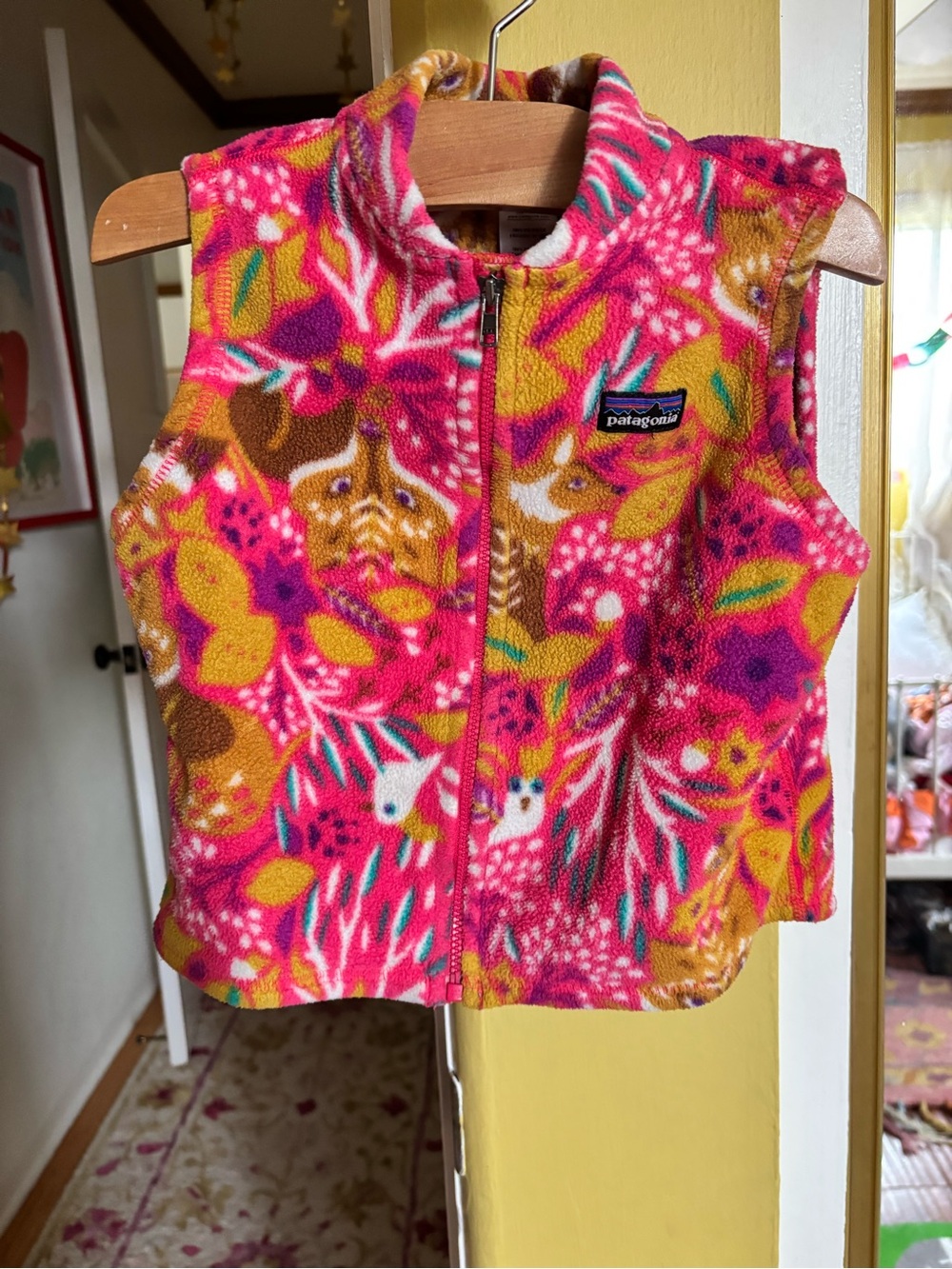 Patagonia Kids fox Floral Fleece Vest in Pink, Mustard & Teal